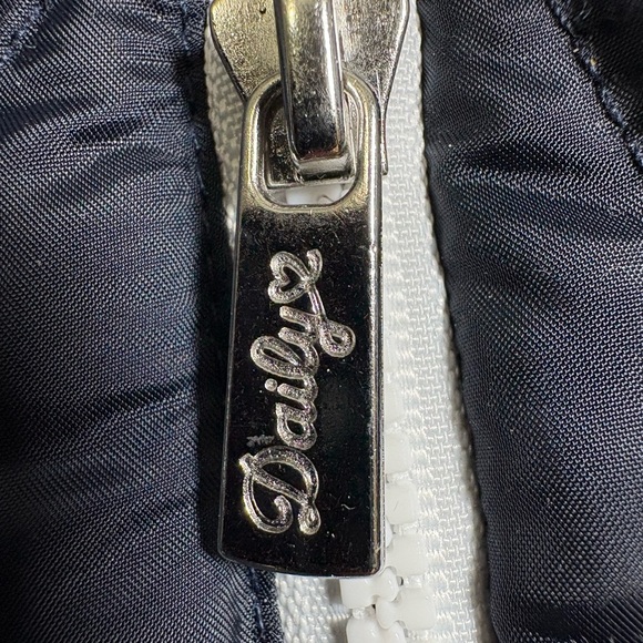 Daily Sports Navy Diamond/Heart Quilted Jacket with White Trim, Back Cinch Belt - Picture 3 of 16